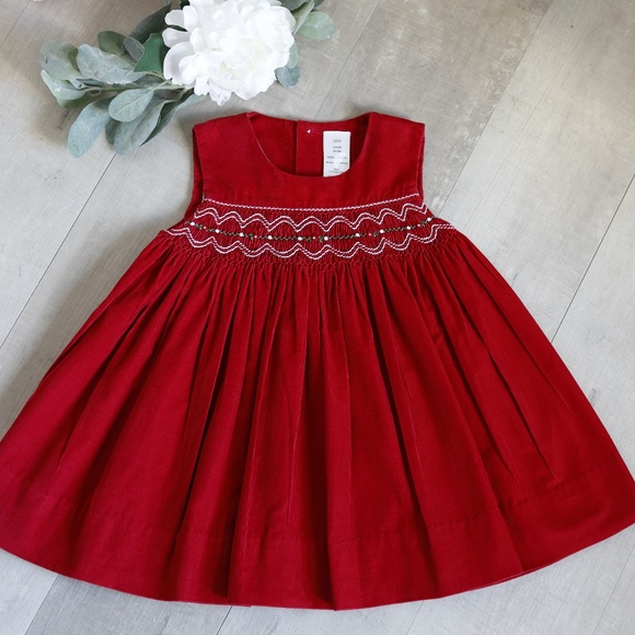 Red Smocked Dress Cotton Corduroy Embroidery Sleeveless 18 Months PERFECT - Picture 1 of 5